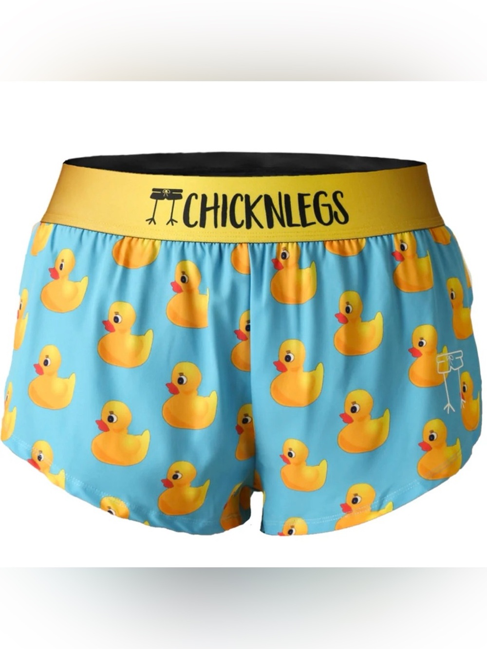 Chicknlegs Women’s Blue Duck Print Athletic Shorts with Yellow Waistband Size S